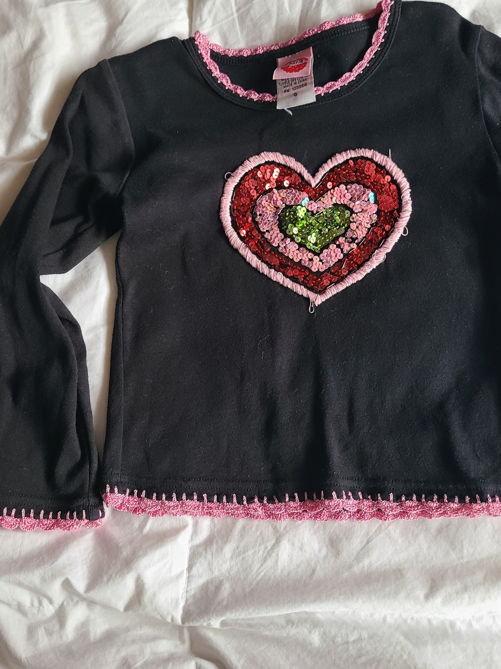 Lipstick Boutique Black Long Sleeve Tee with Sequin Heart and Pink Trim